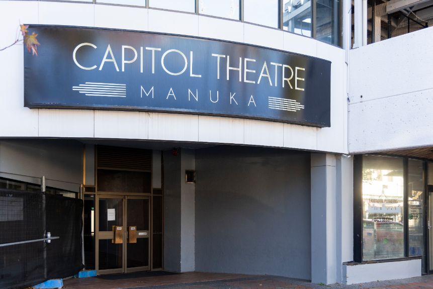 1980s neo-classic style white Capitol Theatre building in Manuka