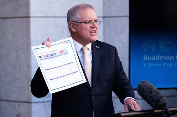 Prime Minister Scott Morrison holds a copy of the plan which he announced following a National Cabinet meeting on May 8, 2020 in Canberra, Australia. Prime Minister Scott Morrison has outline a new plan agreed to by the National Cabinet to start easing restrictions imposed in response to the COVID-19 pandemic. The three-step plan aims to deliver a 