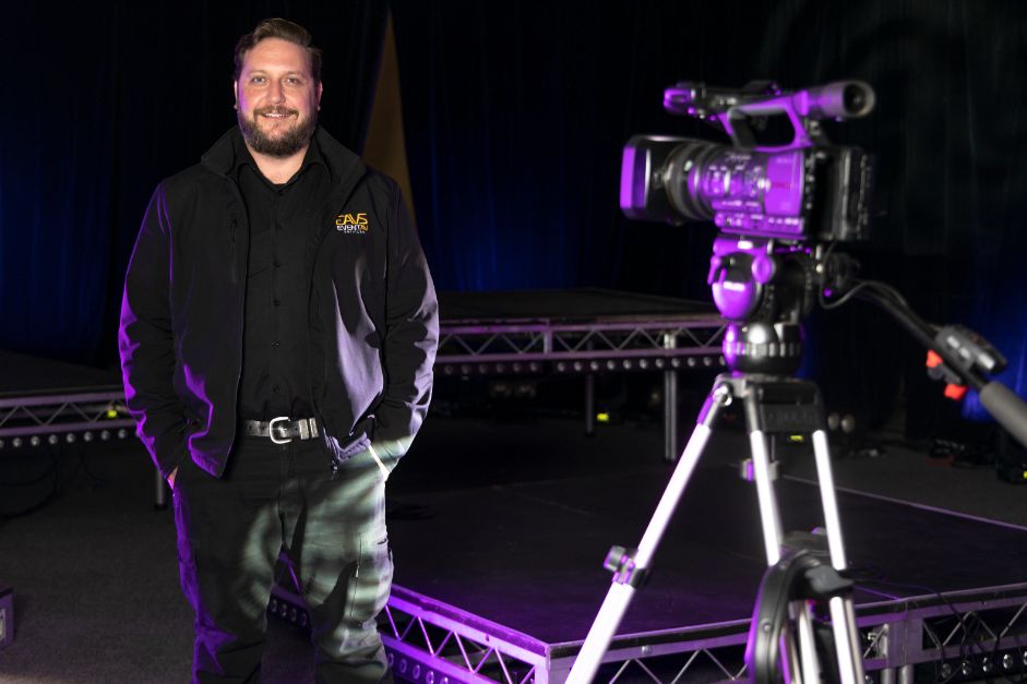 Live in Ya Lounge founder Rob Cartwright with camera equipment for their live online broadcasts.