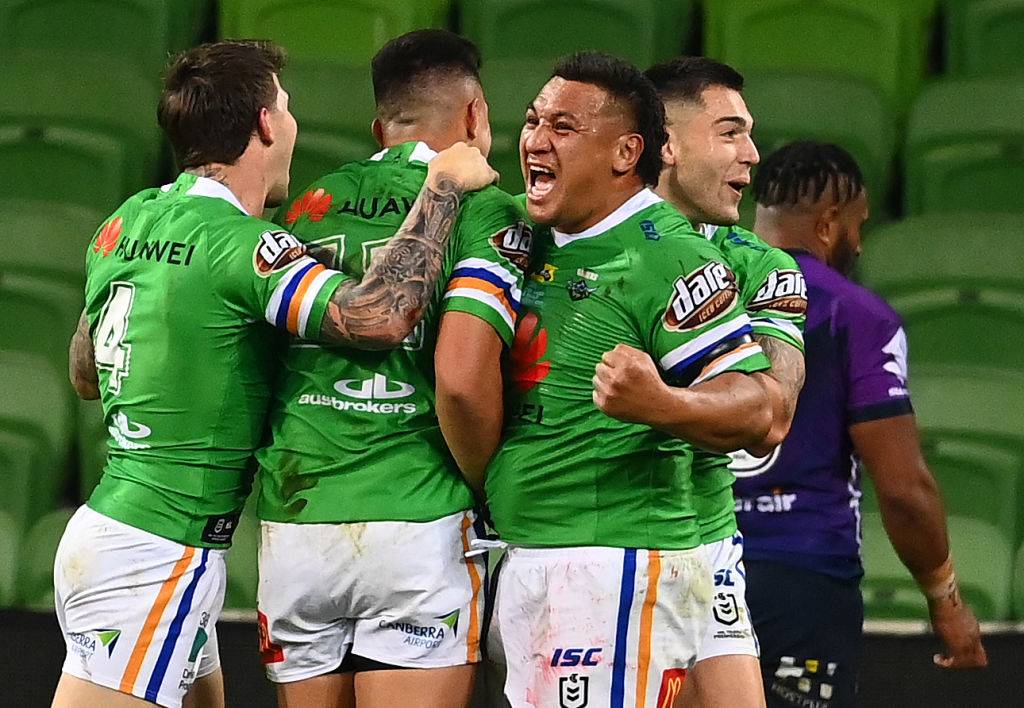 The Raiders celebrate a try during the round three NRL match between the Melbourne Storm and the Canberra Raiders at AAMI Park on May 30, 2020 in Melbourne, Australia.