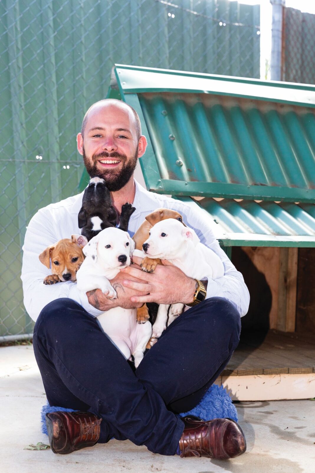 man holding several puppies