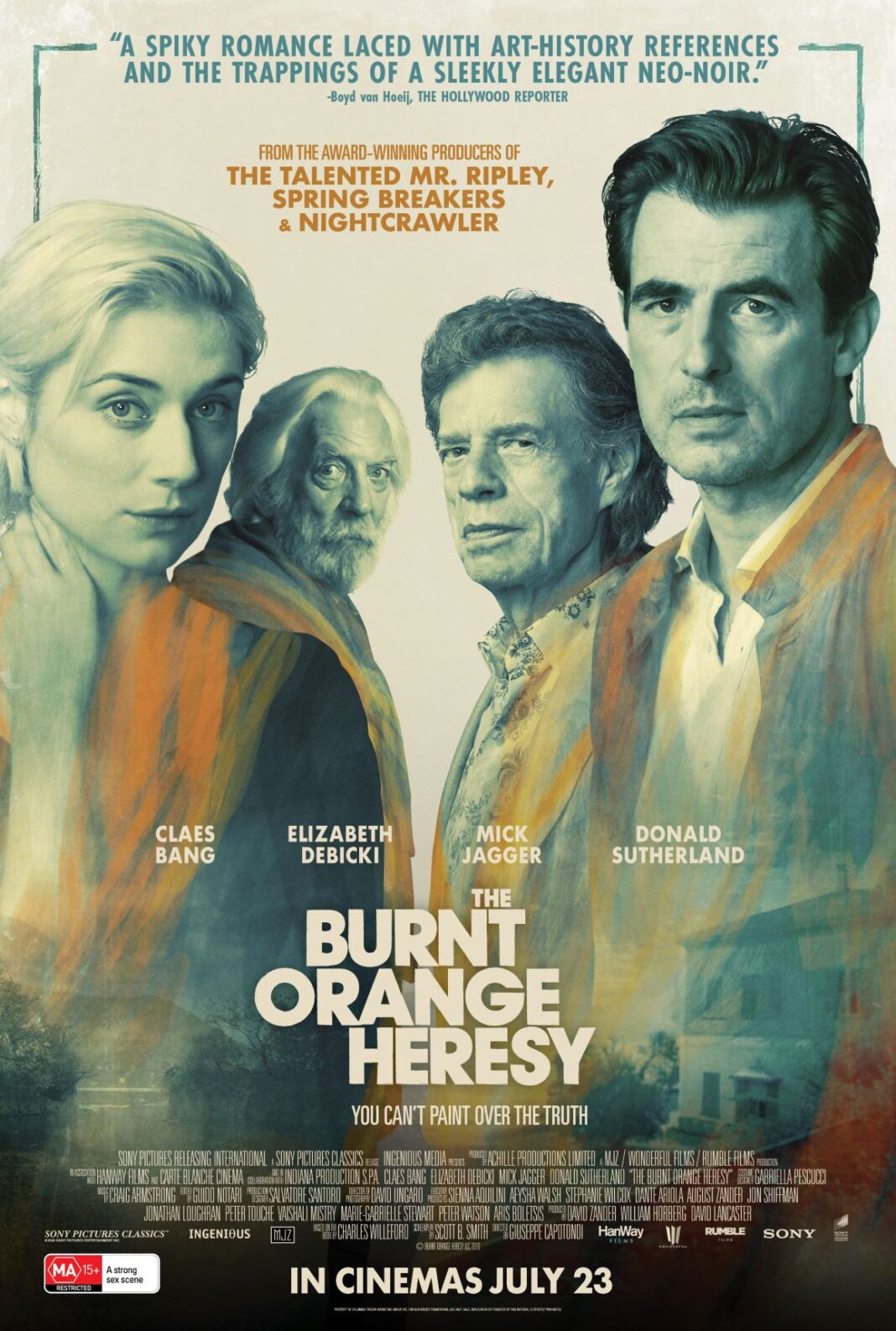 Movie poster in black white and orange featuring four actors for the film, 'The Burnt Orange Heresy (MA15+)