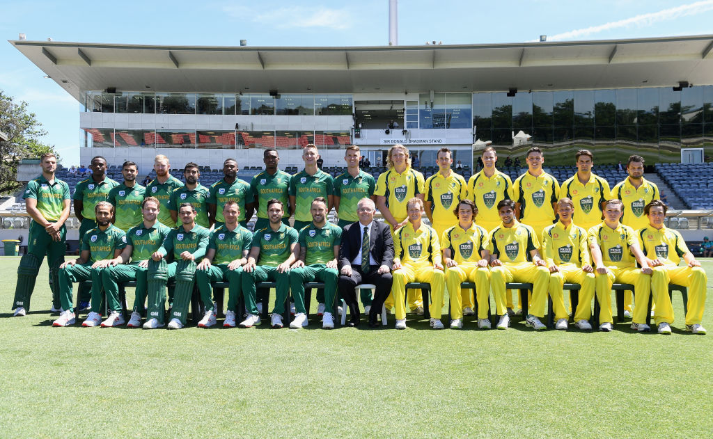 CANBERRA, AUSTRALIA - OCTOBER 31: Prime Minister Scott Morrison poses for a team photograph before the One Day International warm up match between the PM's XI and South Africa at Manuka Oval on October 31, 2018 in Canberra, Australia. (Photo by Tracey Nearmy/Getty Images)
