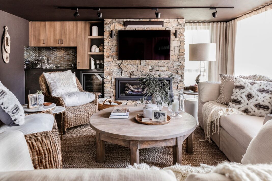 living room with fireplace and TV
