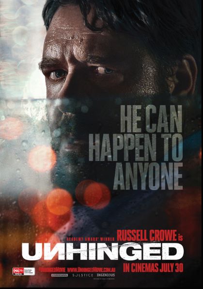 Unhinged movie poster with menacing face of Russell Crowe