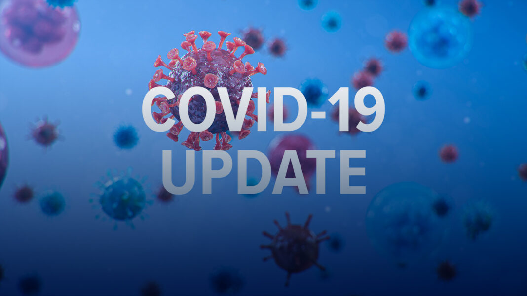 Graphic of red COVID-19 virus against blue background