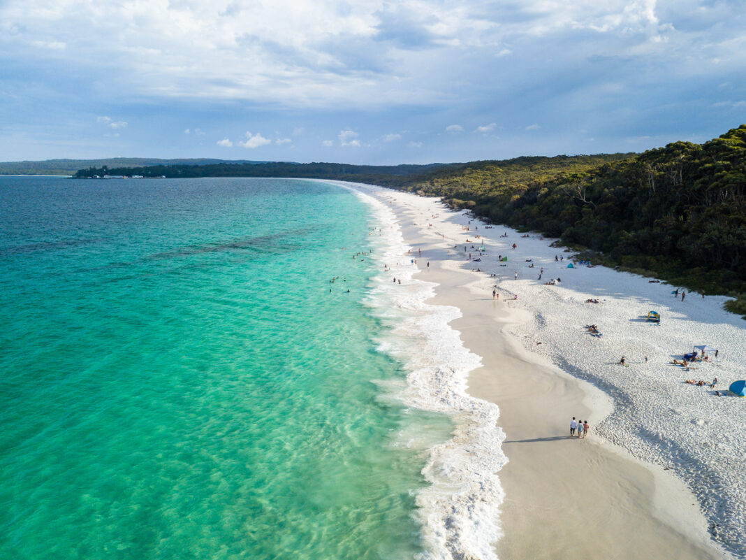 Panorama Aerial Drone Picture of the white sand Hyams beach in New South Wales, Australia