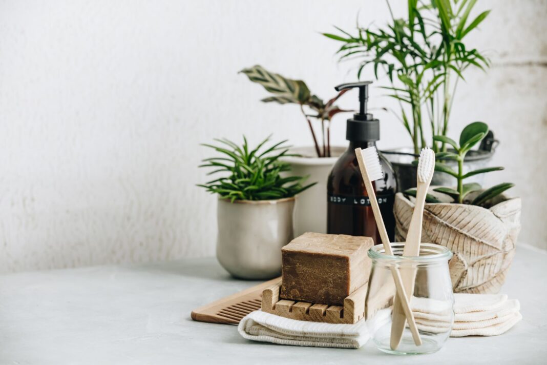 Bathroom products including bamboo toothbrushes that can help reduce plastic waste