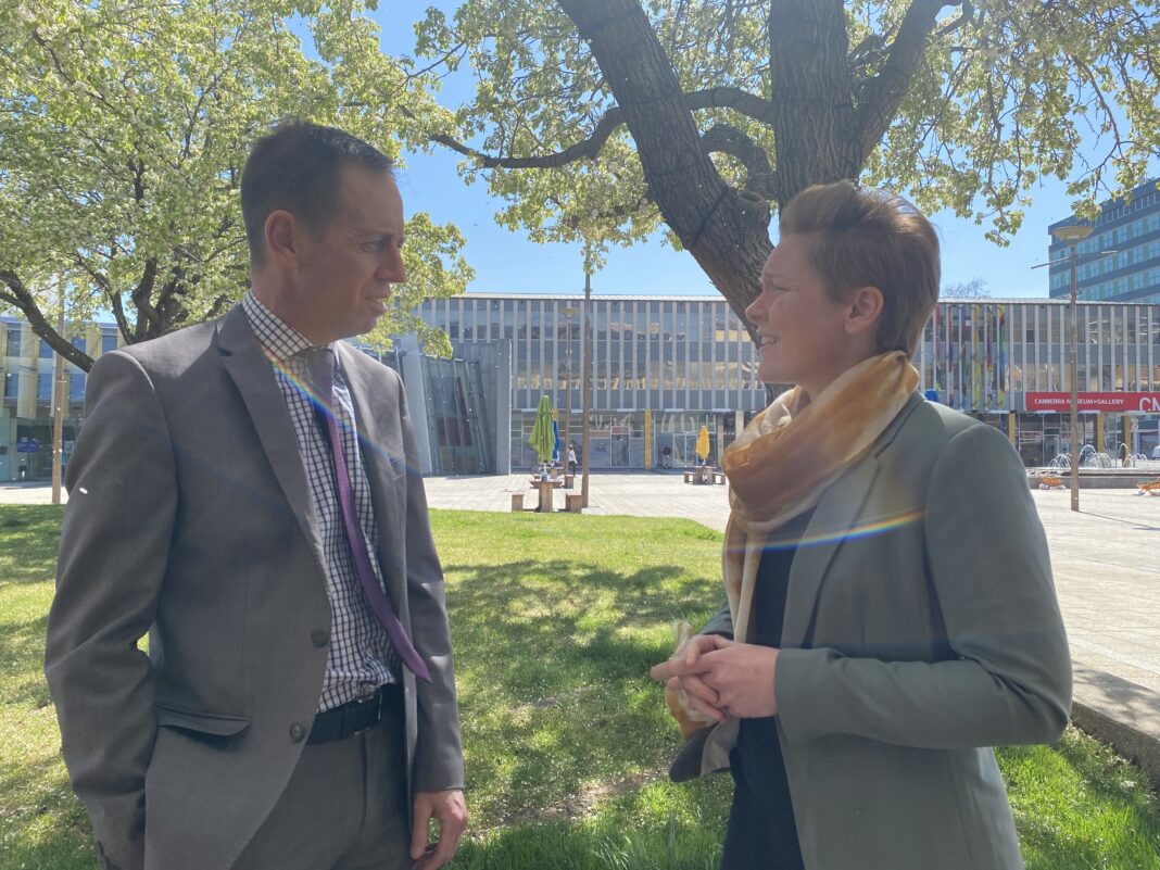 ACT Minister for Justice Shane Rattenbury and ACT Victims of Crime Commissioner Heidi Yates