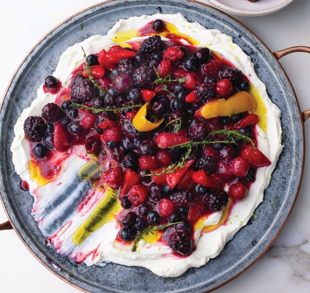 Berry platter with sheep's labneh and orange oil