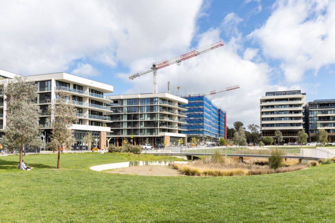 View across green park to several medium density apartment blocks, one under construction with cranes on top