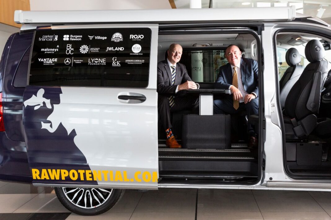Two business men sitting in a white Mercedes-Benz van