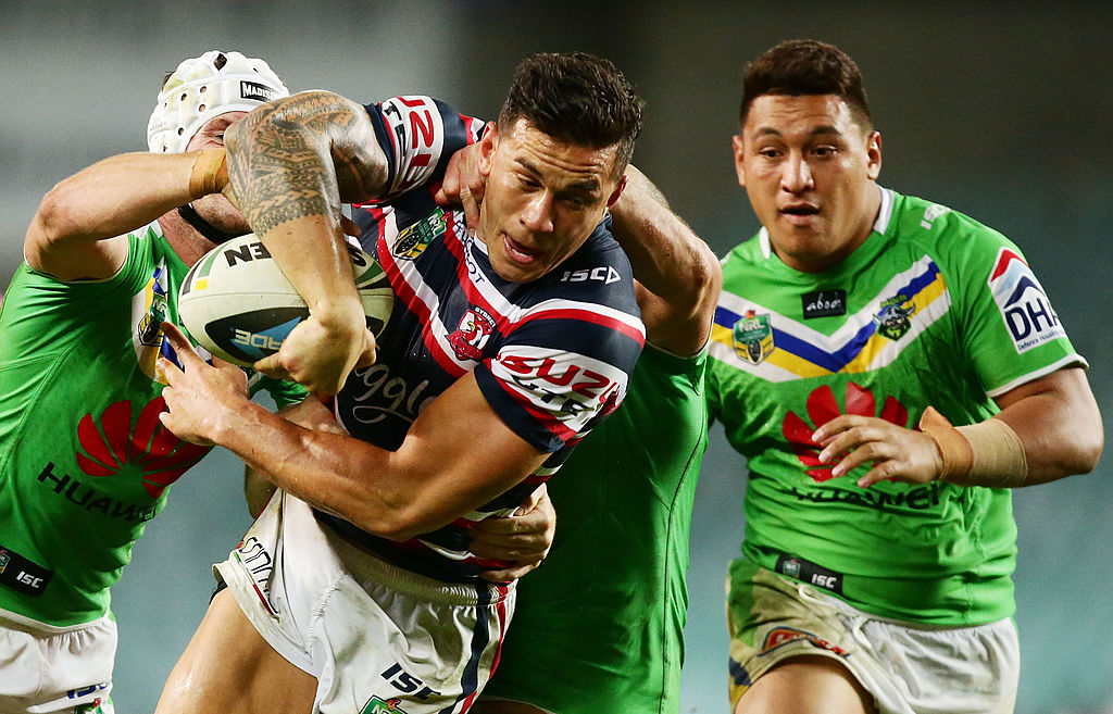 Sonny Bill Williams of the Roosters is tackled