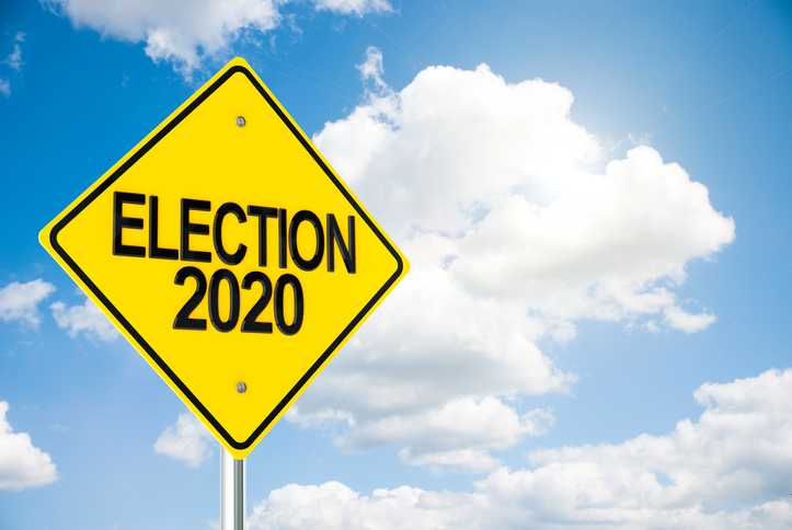 Three-dimensional rendering of road sign Election 2020 on the blue sky