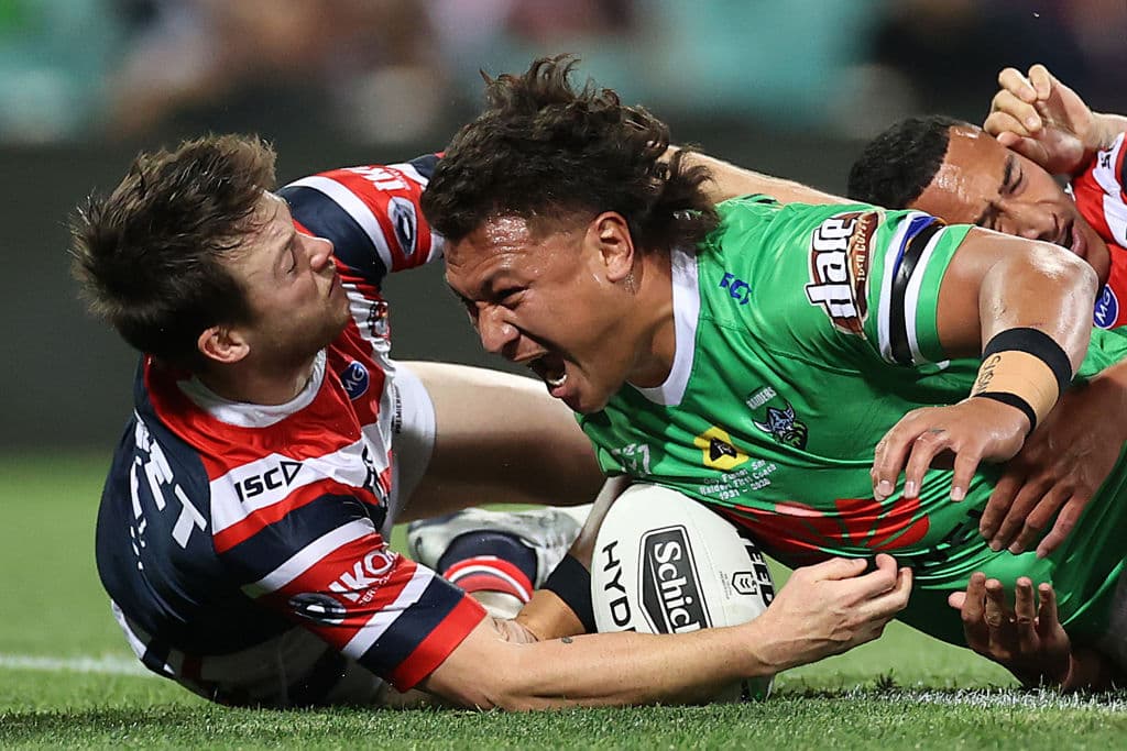 Josh Papalii scoring a try against the Roosters