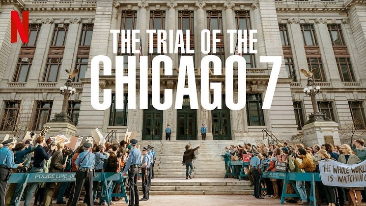 The Trial of Chicago 7 poster with a crowd of people outside a courthouse