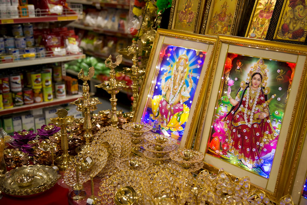 A glittering display of Diwali decorations prepared by the staff at an Indian grocer in Canberra.