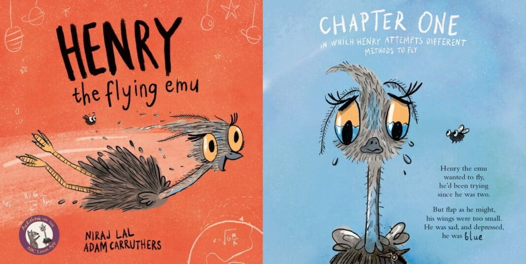 The front cover and first inside page of Henry the Flying Emu
