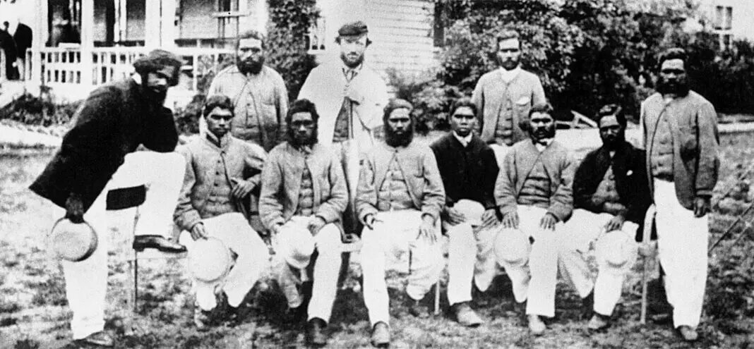 old black and white photo of Aboriginal cricket team