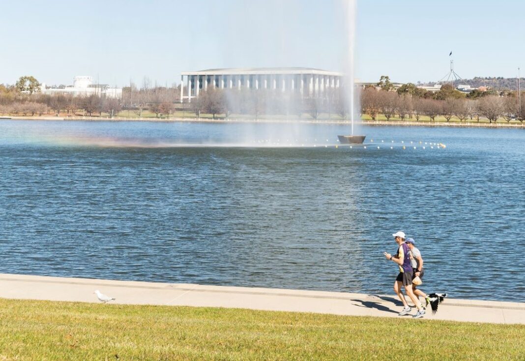 two joggers running beside Lake Burley Griffin on a sunny day