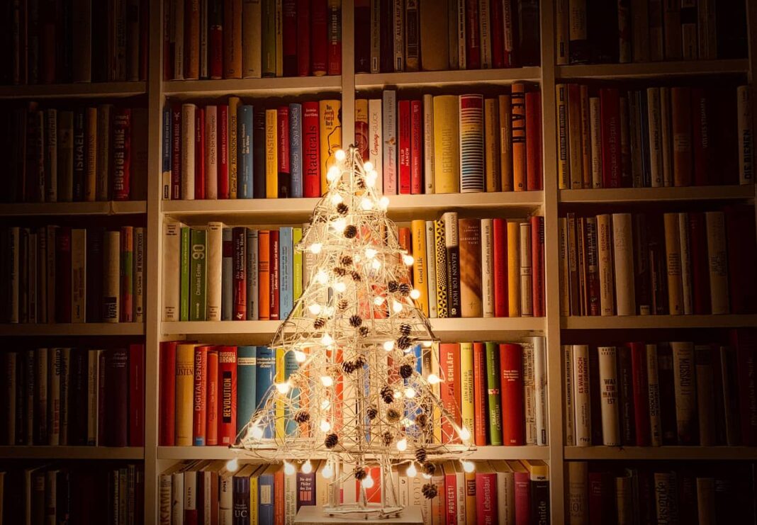 Christmas tree in front of books