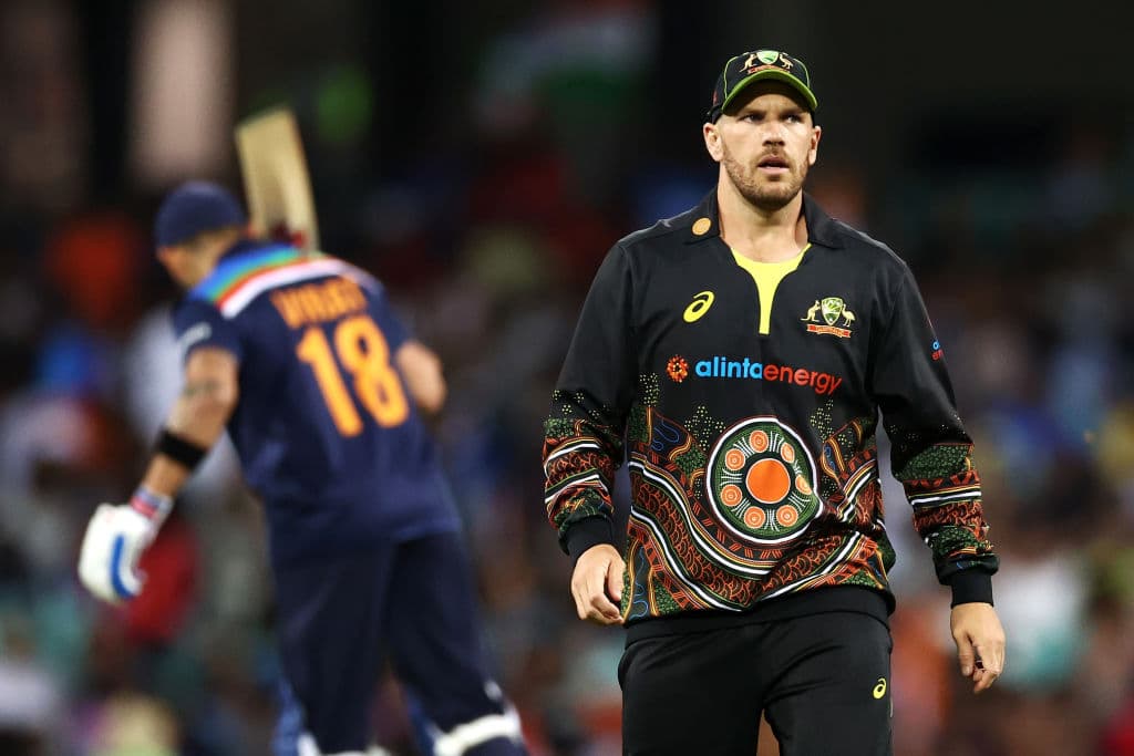 SYDNEY, AUSTRALIA - DECEMBER 08: Aaron Finch of Australia looks on during game three of the Twenty20 International series between Australia and India at Sydney Cricket Ground on December 08, 2020 in Sydney, Australia. (Photo by Cameron Spencer/Getty Images)