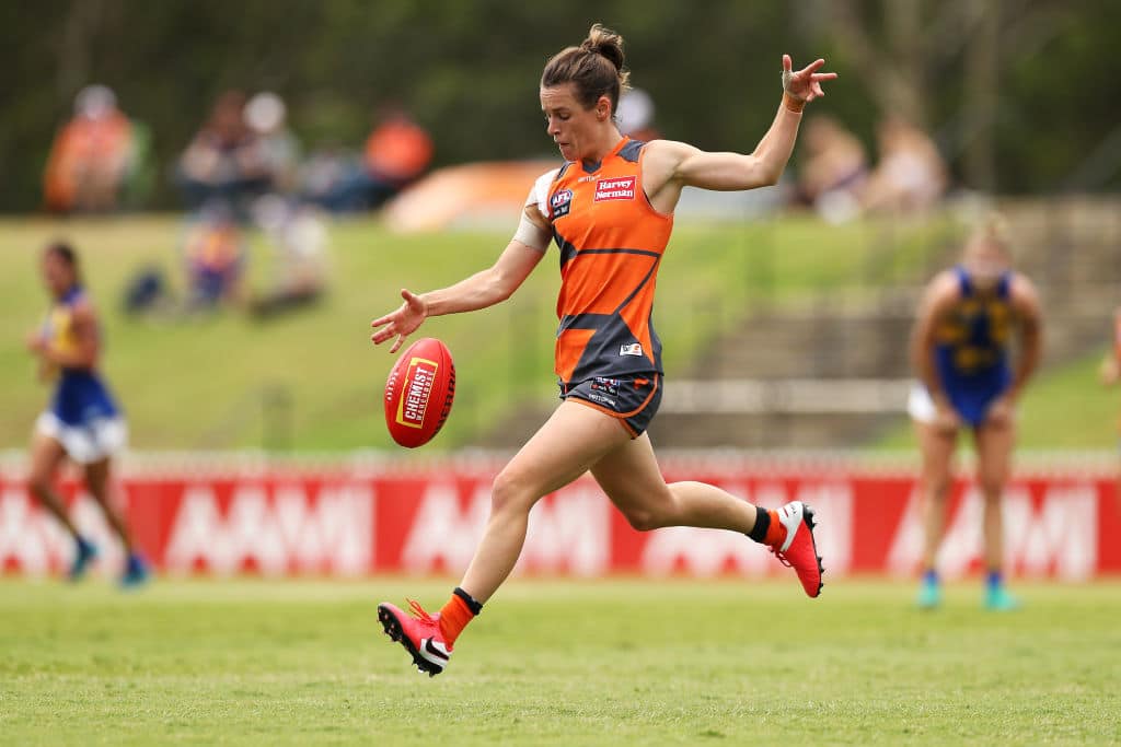 SYDNEY, AUSTRALIA - FEBRUARY 23: Alicia Eva of the Giants kicks during the round three AFLW match between the Greater Western Sydney Giants and the West Coast Eagles at Blacktown International Sportspark on February 23, 2020 in Sydney, Australia. (Photo by Mark Kolbe/Getty Images)