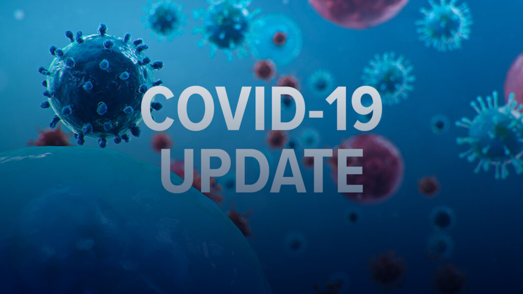 graphic of blue and purple covid virus on a blue background