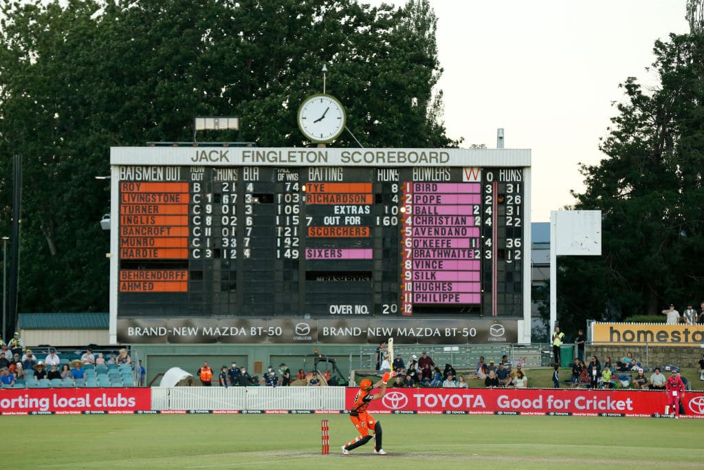A general view during the Big Bash League match between the Sydney Sixers and the Perth Scorchers at Manuka Oval, on January 16, 2021, in Canberra, Australia.