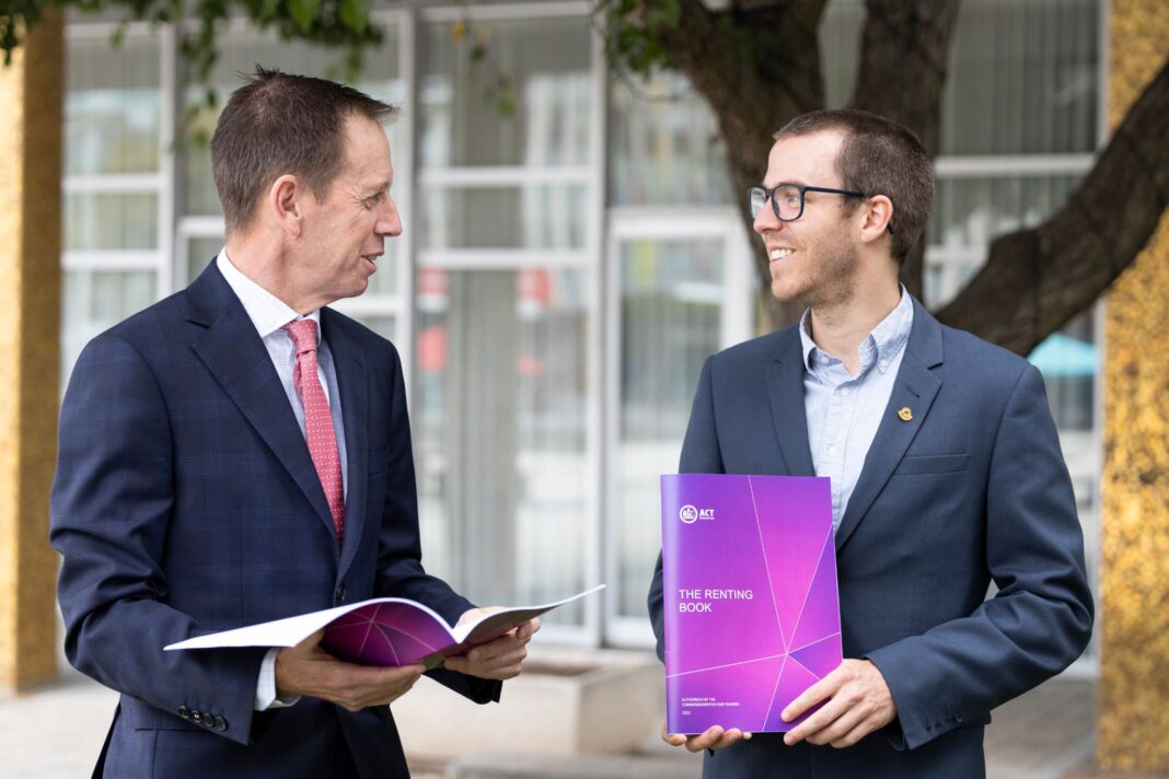 ACT Attorney-General Shane Rattenbury and Better Renting executive director Joel Dignam with the ACT Renting Book