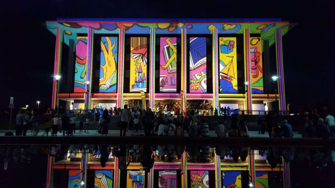 A building is illuminated as part of the 2018 Enlighten Festival