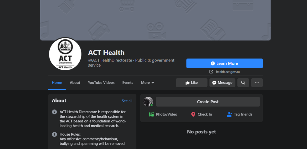 A screenshot of the ACT Health Facebook page that is heavily restricted. Most information is not visible.