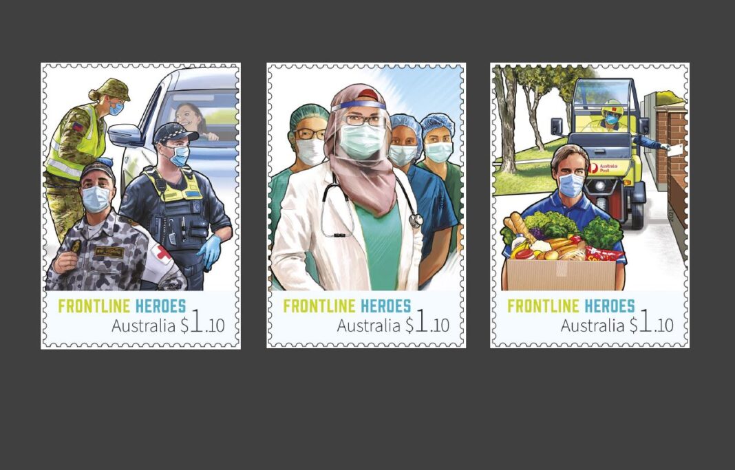 Three stamps from Australia Post are shown side by side. One is a picture of police wearing masks, another is nurses and other essential workers in their surgical clothes, and the third is a delivery worker and a postie.