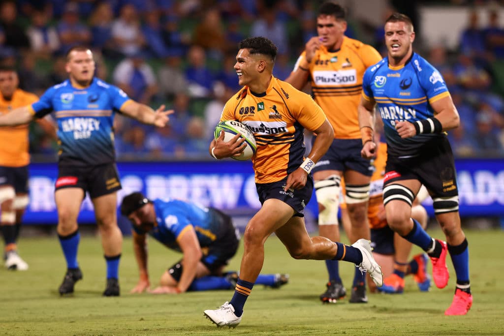Noah Lolesio of the Brumbies scoring against the Force