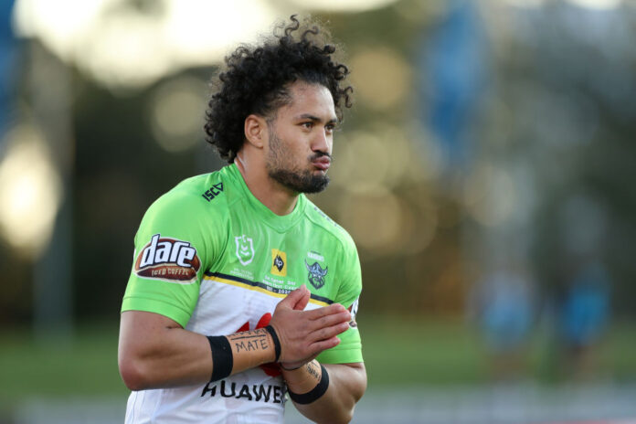 SYDNEY, AUSTRALIA - SEPTEMBER 26: Corey Harawira-Naera of the Raiders looks on during the round 20 NRL match between the Cronulla Sharks and the Canberra Raiders at Netstrata Jubilee Stadium on September 26, 2020 in Sydney, Australia. (Photo by Mark Kolbe/Getty Images)