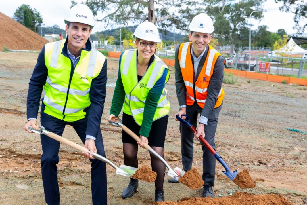DOMA managing director Jure Domazet turns the sod at The Parks, alongside local member and ACT Health Minister Rachel-Stephen Smith and Stockland regional development manager Calum Ross.