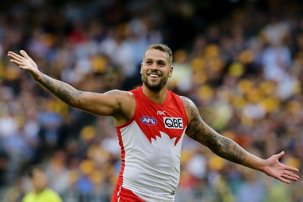 PERTH, WESTERN AUSTRALIA - MARCH 25: Lance Franklin of the Swans celebrates after scoring a goal during the round one AFL match between the West Coast Eagles and the Sydney Swans at Optus Stadium on March 25, 2018 in Perth, Australia. (Photo by Will Russell/AFL Media/Getty Images)