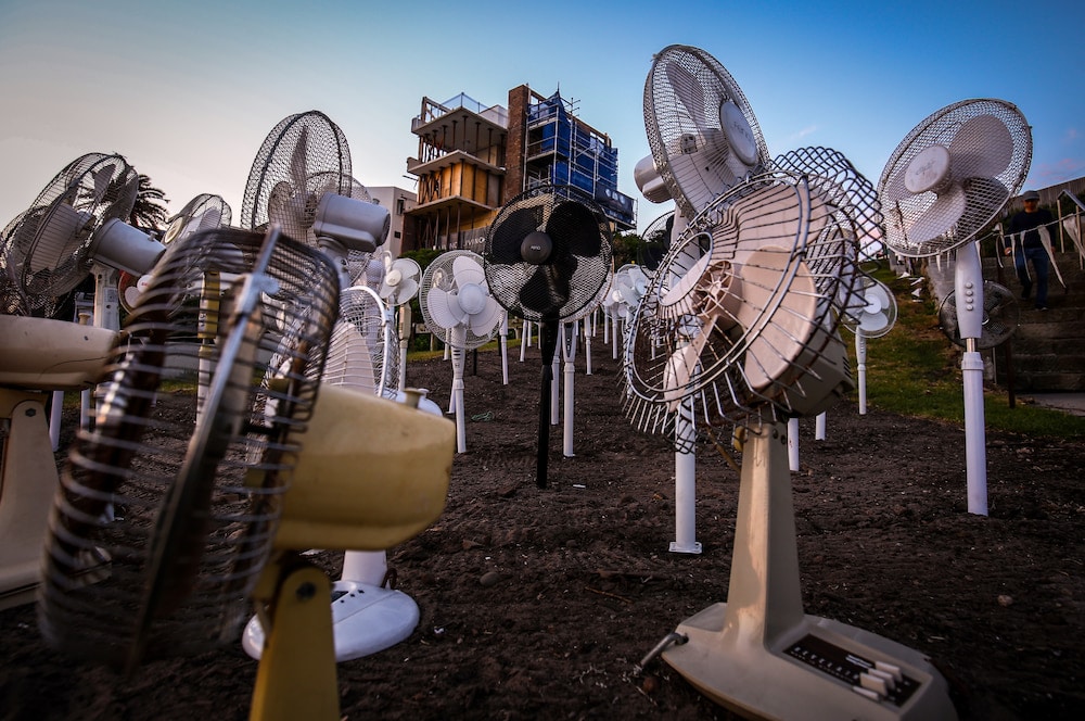 Art activist Jane Gillings installed hundreds of fans for a piece at Sculpture by the Sea, here they are pictured at dusk, looming up a hill