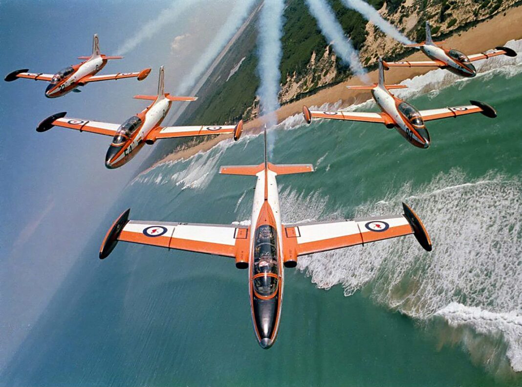 Five Aermacchi MB-326 jets flying in formation. Picture provided.