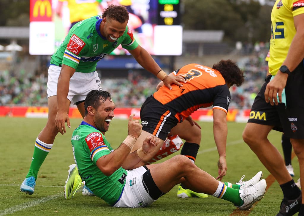 CANBERRA, AUSTRALIA - MARCH 14: Jordan Rapana of the Raiders celebrates scoring a try during the round one NRL match between the Canberra Raiders and the Wests Tigers at GIO Stadium, on March 14, 2021, in Canberra, Australia. (Photo by Mark Nolan/Getty Images)