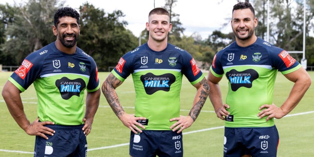 Ryan James, Sia Soliola and Curtis Scott in the Raiders round one side