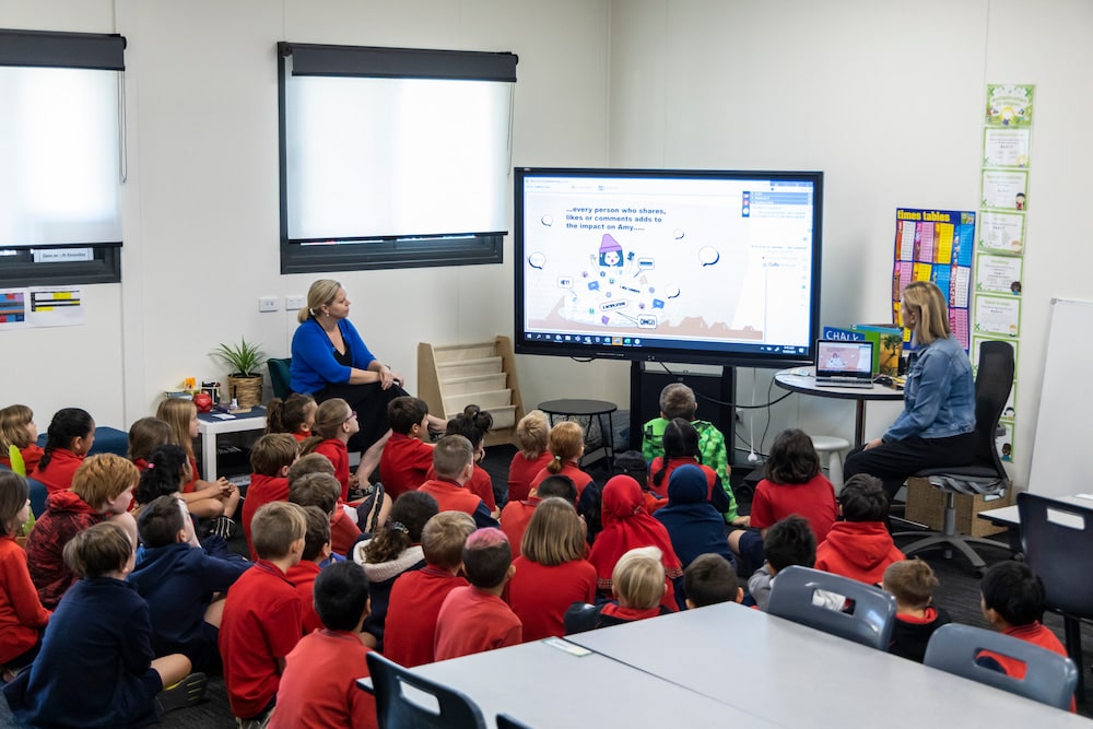 Students and teachers in Majura's new demountable classroom. Picture: Kerrie Brewer