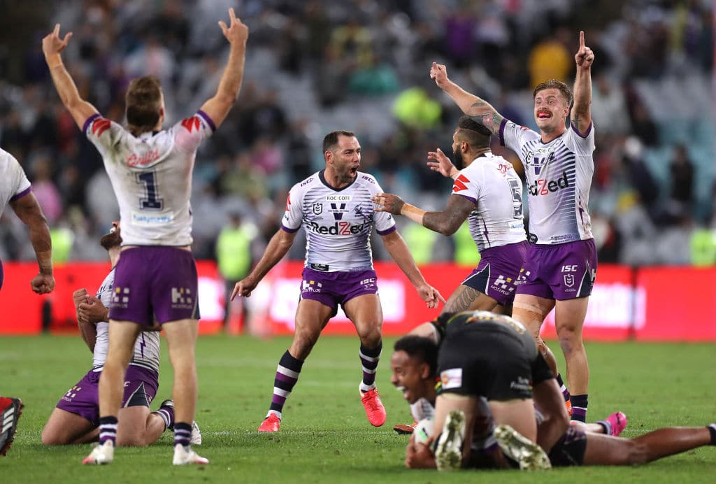 SYDNEY, AUSTRALIA - OCTOBER 25: Cameron Smith of the Storm celebrates victory during the 2020 NRL Grand Final match between the Penrith Panthers and the Melbourne Storm at ANZ Stadium on October 25, 2020 in Sydney, Australia. (Photo by Mark Kolbe/Getty Images)