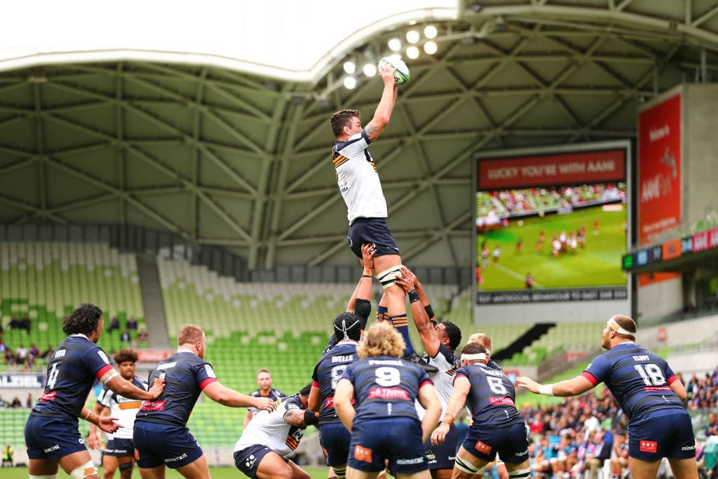 MELBOURNE, AUSTRALIA - APRIL 18: Cadeyrn Neville of the Brumbies catches the ball during the round nine Super Rugby AU match between the Melbourne Rebels and ACT Brumbies at AAMI Park on April 18, 2021 in Melbourne, Australia. (Photo by Speed Media/Icon Sportswire via Getty Images)
