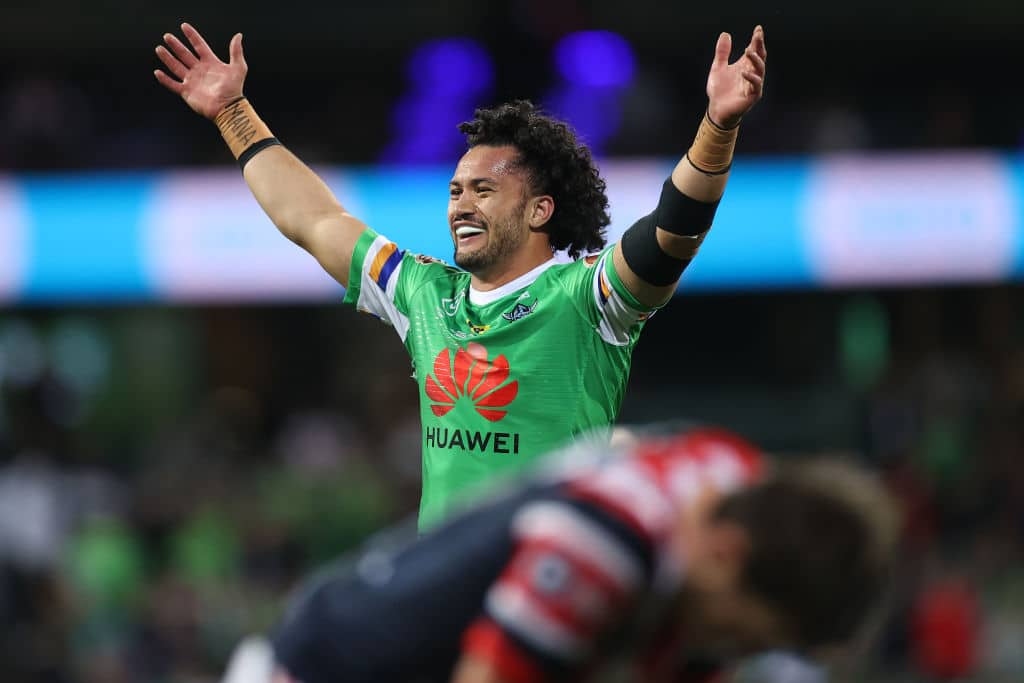 SYDNEY, AUSTRALIA - OCTOBER 09: Corey Harawira-Naera of the Raiders celebrates winning the NRL Semi Final match between the Sydney Roosters and the Canberra Raiders at the Sydney Cricket Ground on October 09, 2020 in Sydney, Australia. (Photo by Cameron Spencer/Getty Images)
