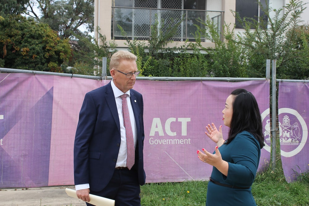 Liberal MLAs Mark Parton, Shadow Minister for Housing, and party leader Elizabeth Lee outside the empty Braddon public housing complex. Picture: Nick Fuller