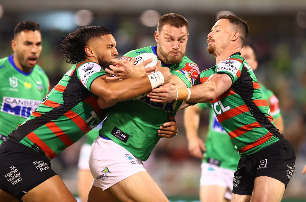 CANBERRA, AUSTRALIA - APRIL 29: Elliot Whitehead of the Raiders is tackled during the round eight NRL match between the Canberra Raiders and the South Sydney Rabbitohs at GIO Stadium, on April 29, 2021, in Canberra, Australia. (Photo by Mark Nolan/Getty Images)