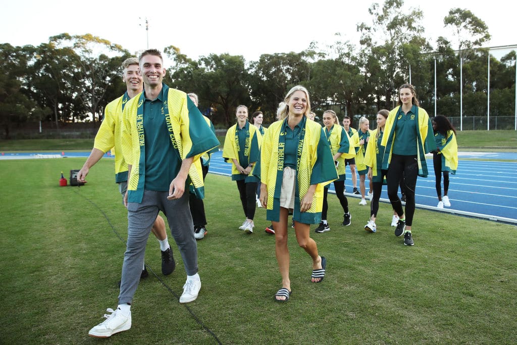 SYDNEY, AUSTRALIA - APRIL 18: Athletes selected for the Tokyo 2020 Olympic Games gather during the Australian Track & Field Championships at Sydney Olympic Park Athletic Centre on April 18, 2021 in Sydney, Australia. (Photo by Matt King/Getty Images)
