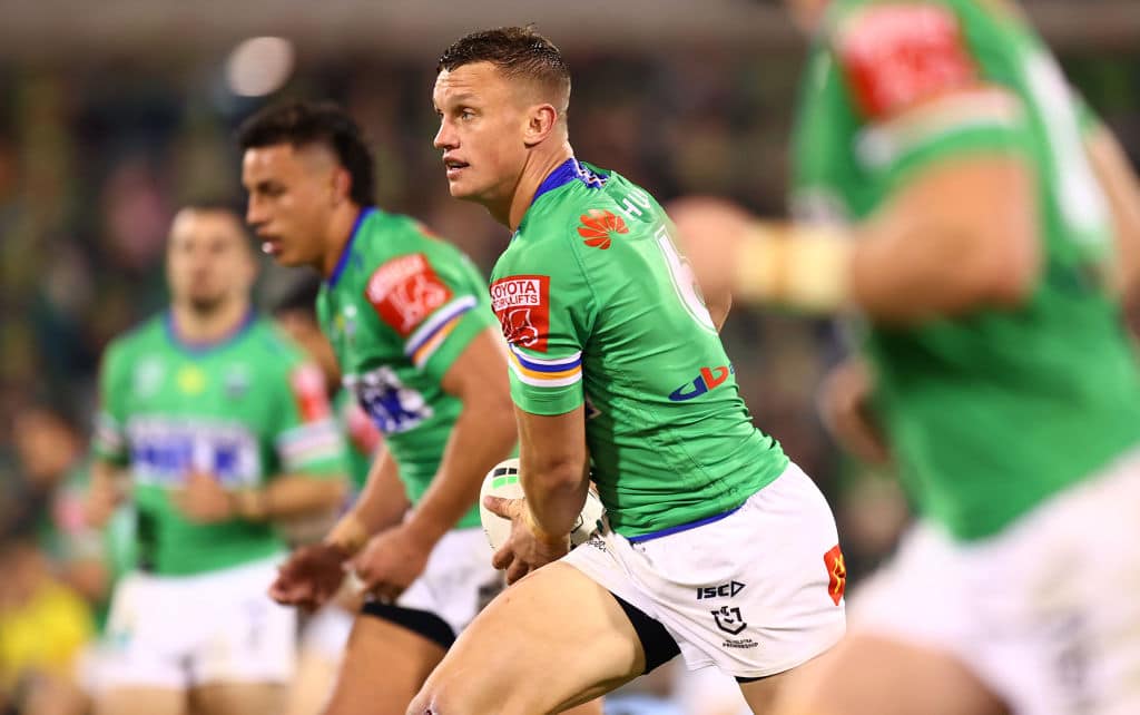 CANBERRA, AUSTRALIA - APRIL 29: Jack Wighton of the Raiders runs the ball during the round eight NRL match between the Canberra Raiders and the South Sydney Rabbitohs at GIO Stadium, on April 29, 2021, in Canberra, Australia. (Photo by Mark Nolan/Getty Images)