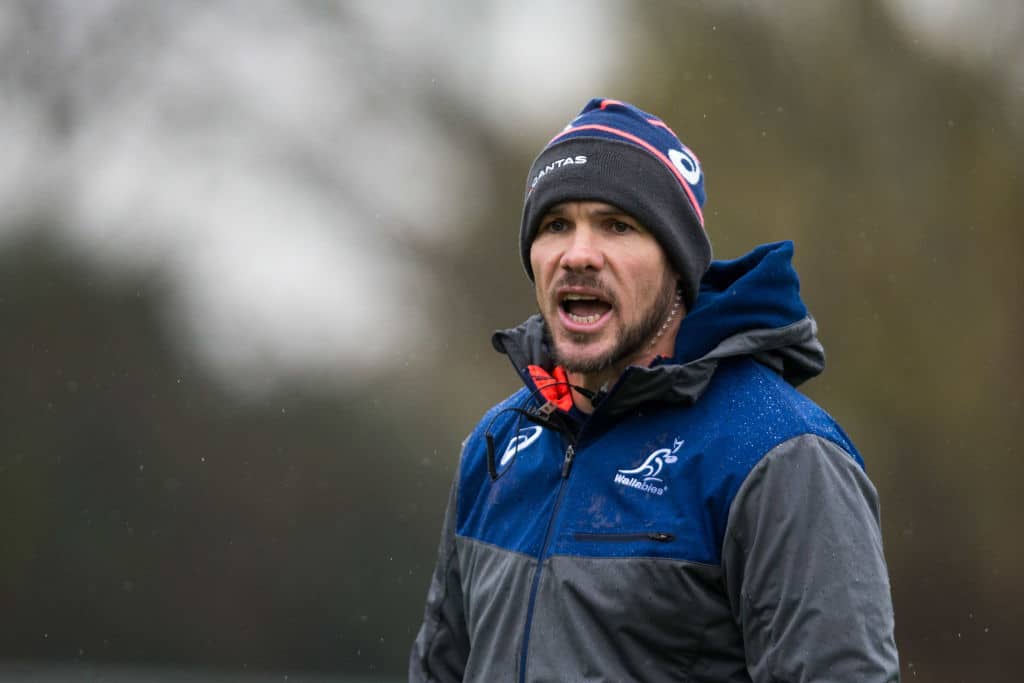 LONDON, ENGLAND - NOVEMBER 20: Defence coach Nathan Grey gives instructions during an Australia training session at The Lensbury on November 20, 2018 in London, England. (Photo by Craig Mercer/MB Media/Getty Images)